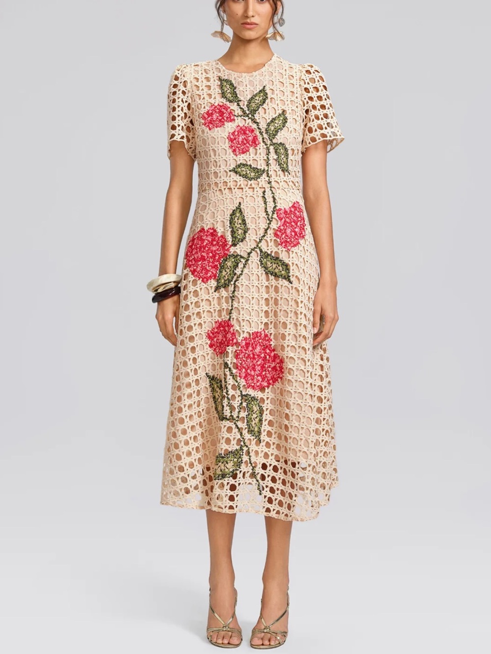 NWT Apricot Floral Embroidered Crochet Midi Dress